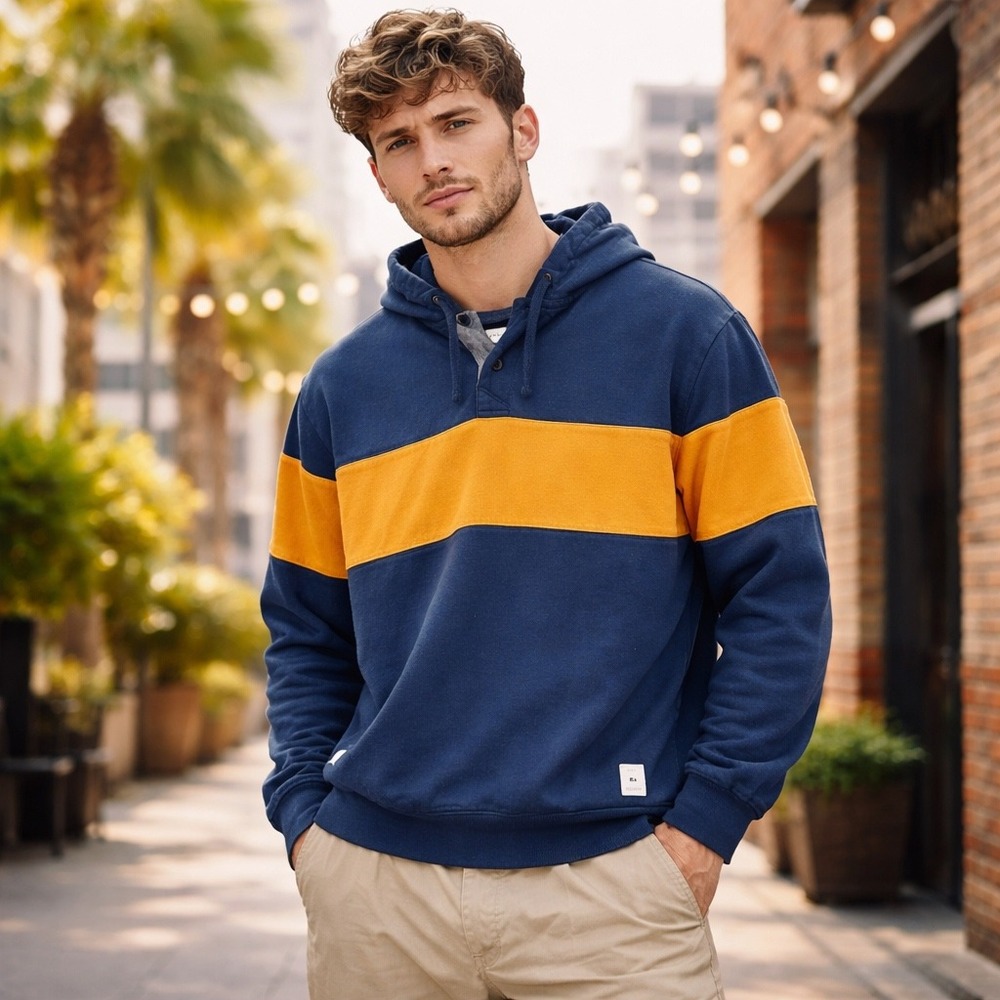 Free Assembly Men's Blue Orange Stripe Pullover Hoodie Sweatshirt Medium‎